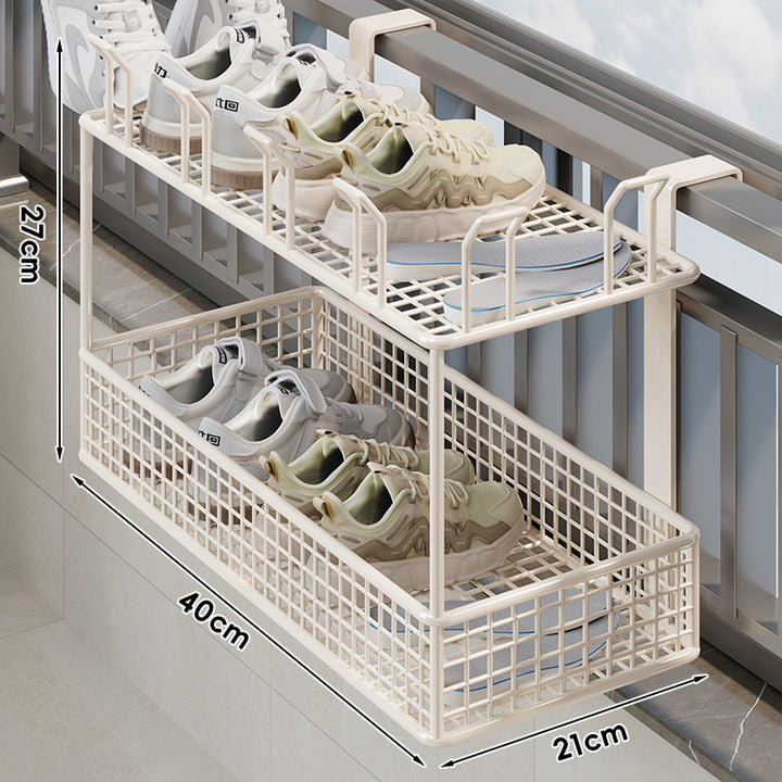 Window-Rail Hanging Shoe Storage Basket with Ventilated Grid and Adjustable Clamp Hooks