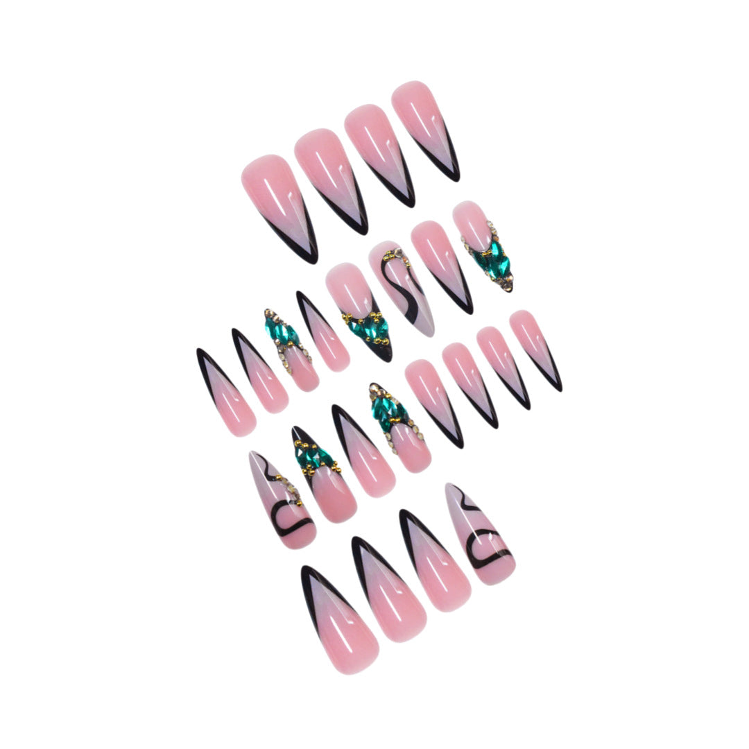 Artistic Stiletto Press-On Nail Art with Gemstone Accents Kalsten