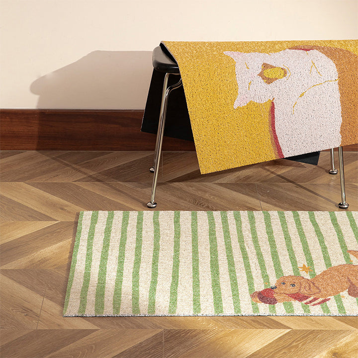 Coconut doormat with vertical striped structure and playful dog motif Kalsten