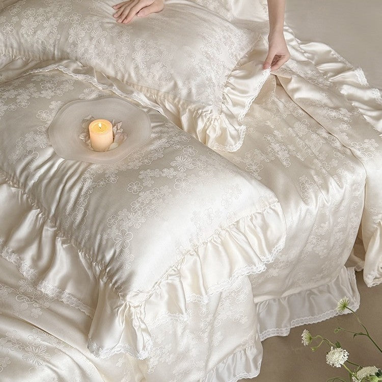 Luxury satin bedding set with floral jacquard pattern, ruffle, and silky finish
