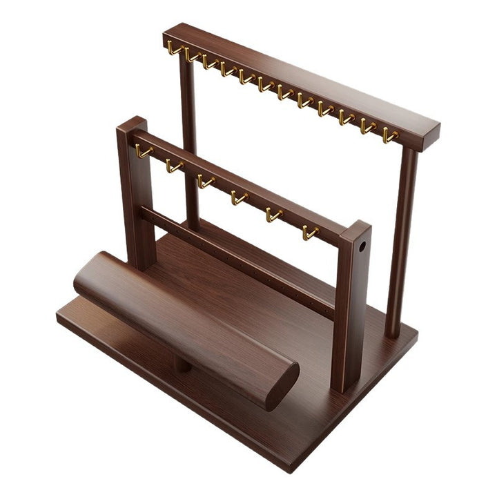 Wooden Dual-Tier Jewelry Organizer Stand with Necklace Hooks and Bracelet Display Bar