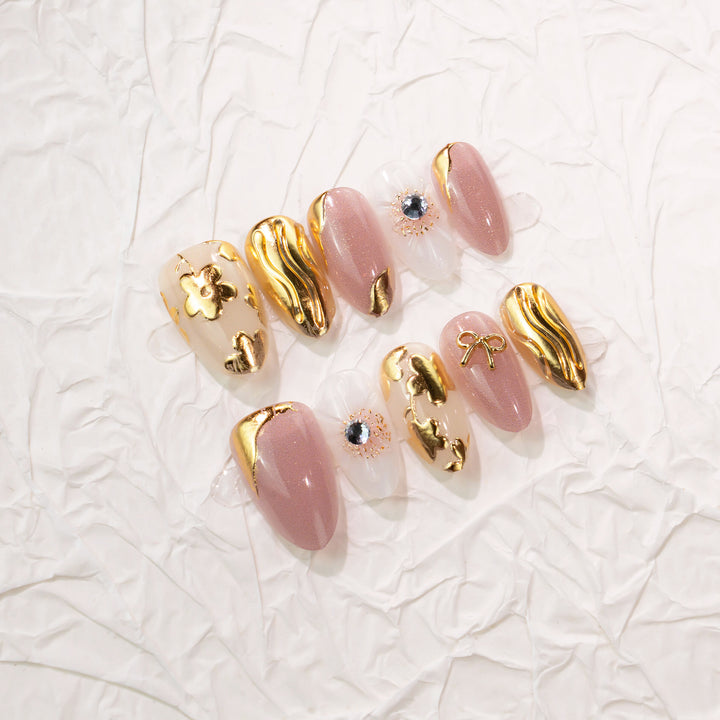 Decorative Press-On Nail Set with Gold Accents