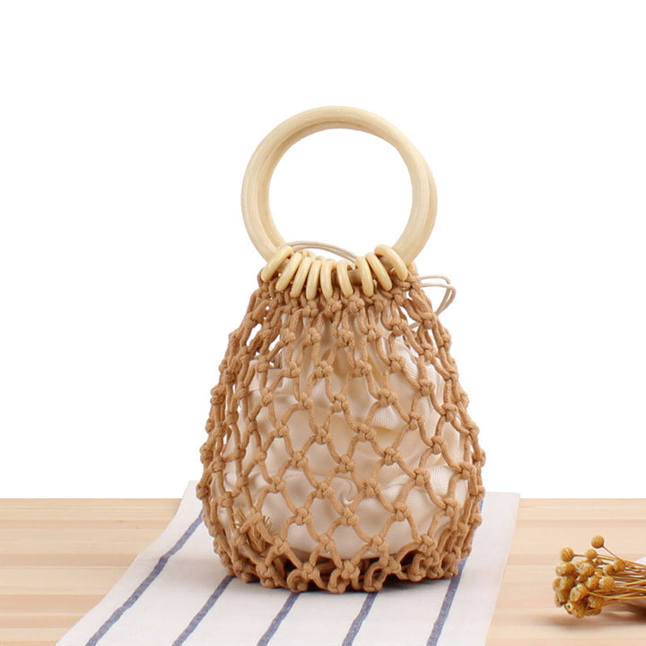 Tote bag with hand-knotted net design and wooden handle Kalsten