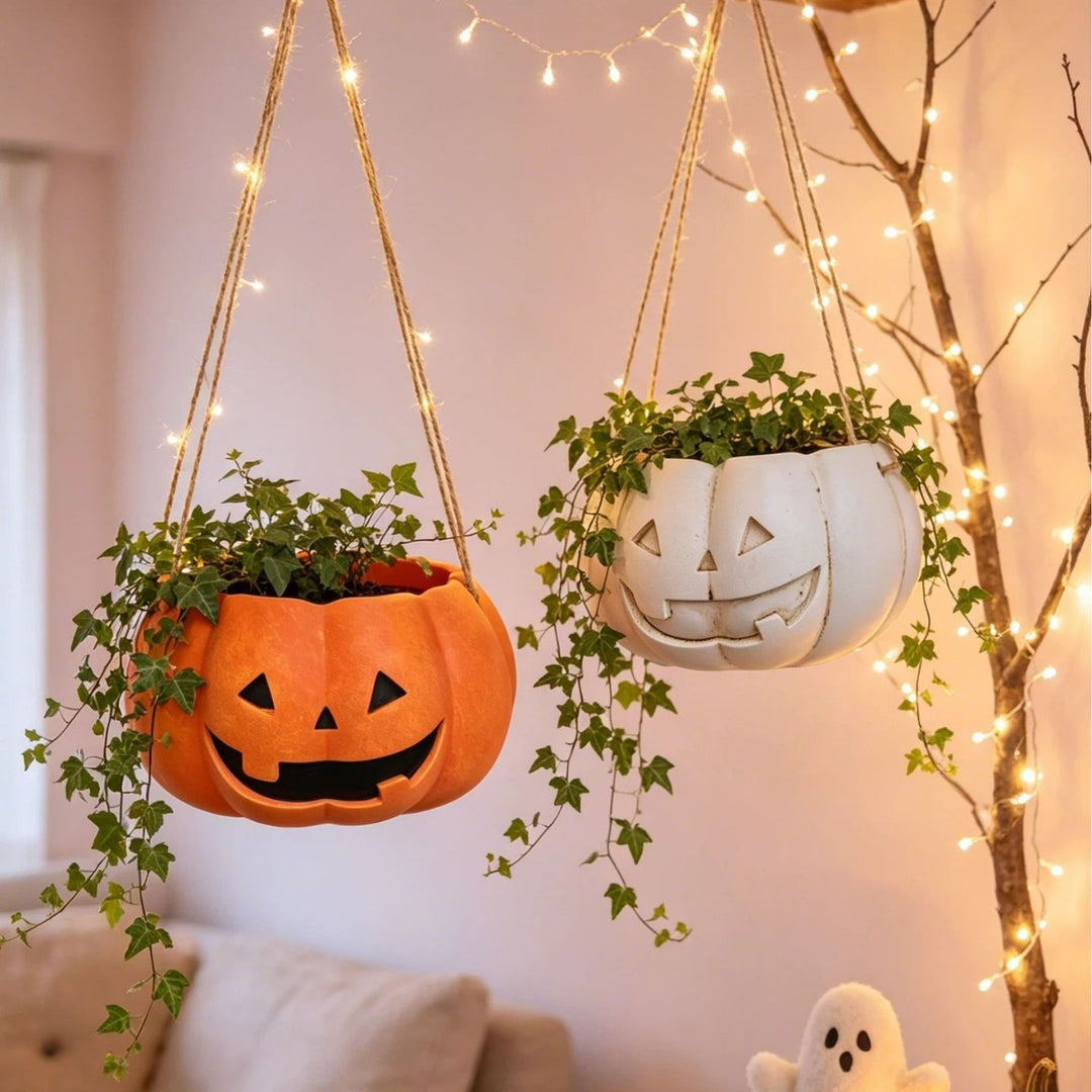 Hanging ceramic pumpkin flower pot with carved pumpkin face and jute string