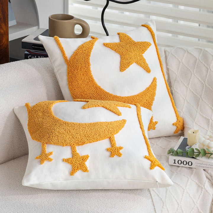 Square cushion cover with relief moon-and-star tufting made of chenille Kalsten