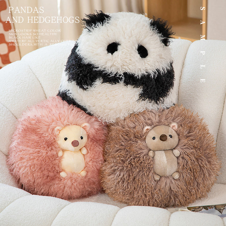 Round Curly Faux-Fur Decorative Cushion with Center Plush Hedgehog Kalsten