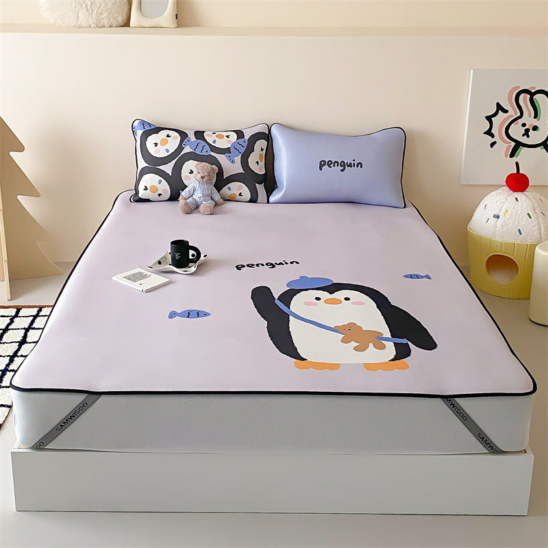 Children's mattress topper and fitted sheet set with non-slip corner fasteners and cute dog design