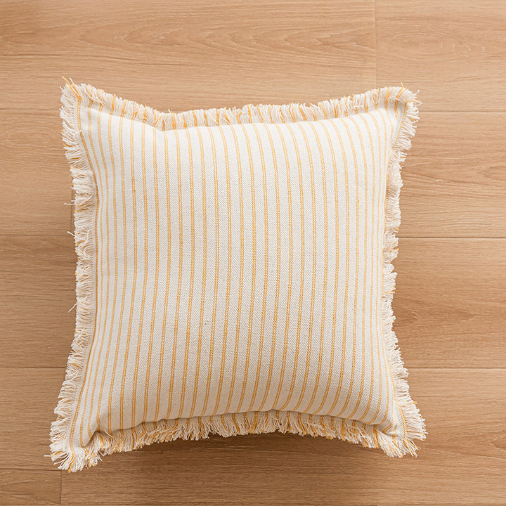 Striped Coastal-Inspired Cotton Square Pillow Cover with Fringed Edge and Concealed Zip