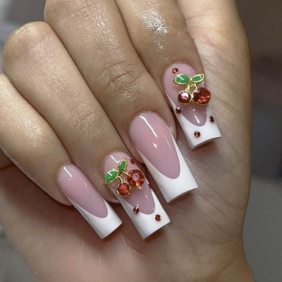 Acrylic nail set with chic cherry motifs and elegant French tip Kalsten