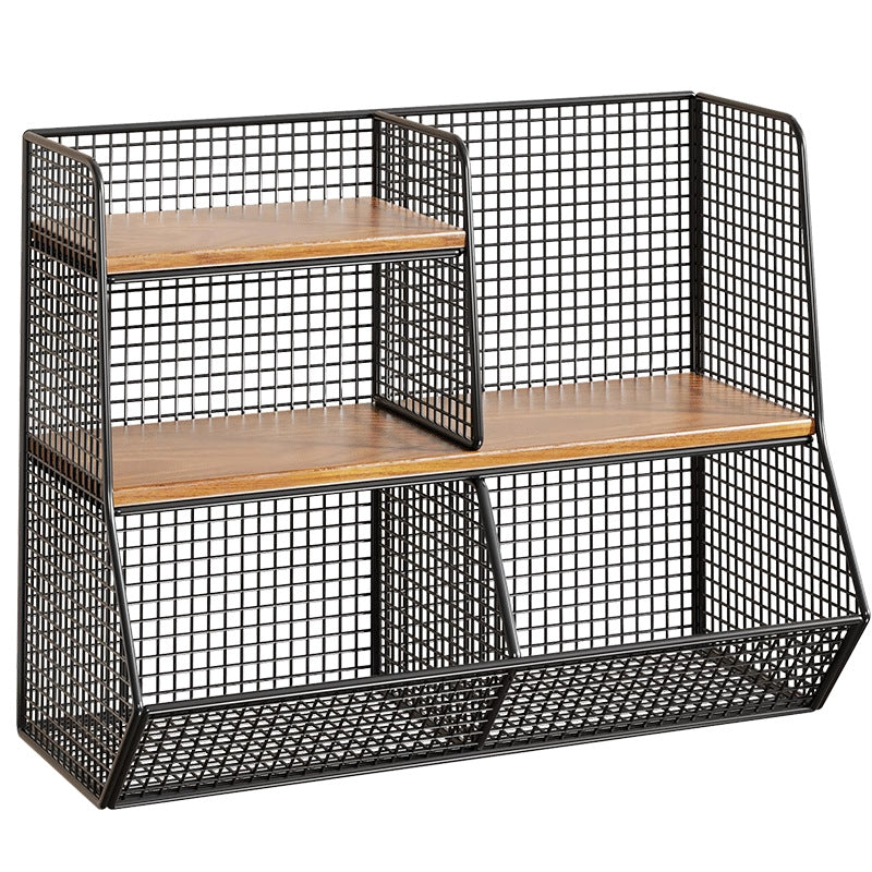 Multi-Tier Wire Mesh Countertop Pantry Organizer with Wood Shelves and Basket
