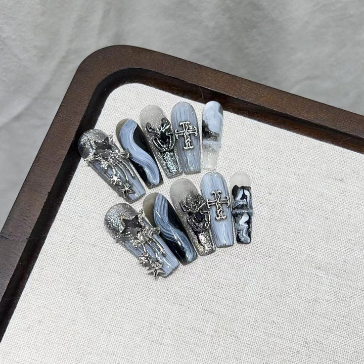 Glamorous Press-On Nail Art Set with Decorative Metallic Elements Kalsten