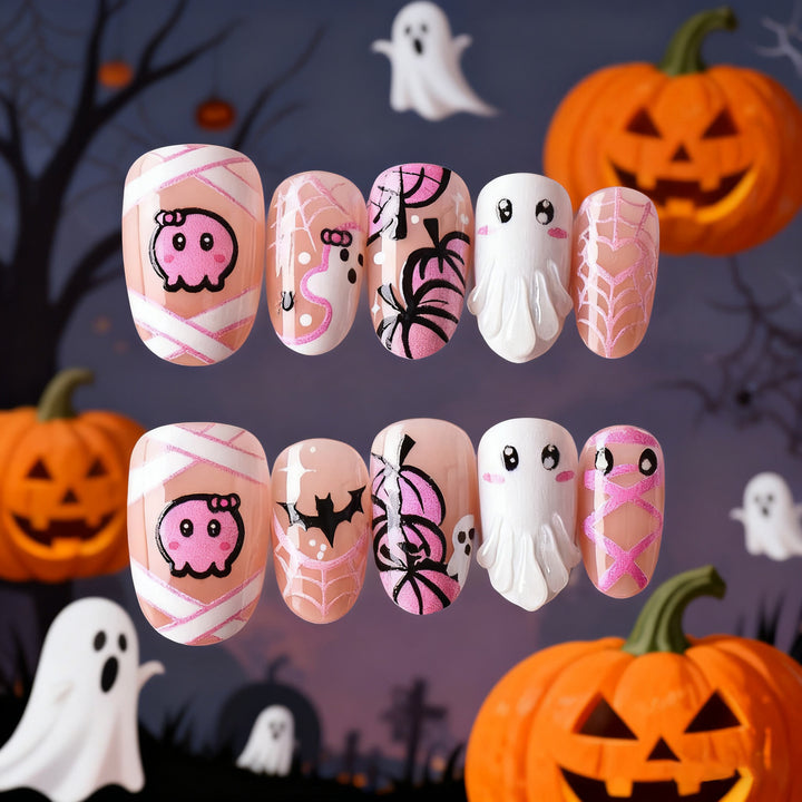 Thematic Halloween Ghost and Spider Press-On Nail Set