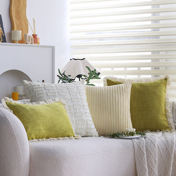 Square decorative pillow cover made of cotton blend with relief rectangular tufts and fringed edge Kalsten