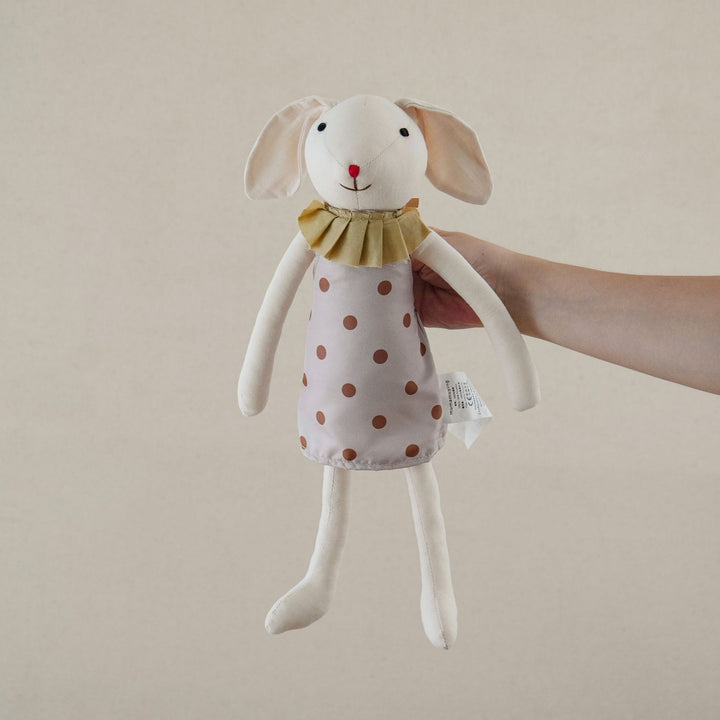 Soft Long‑Leg Linen Bunny Plush with Checkered Collar and Gathered Overalls