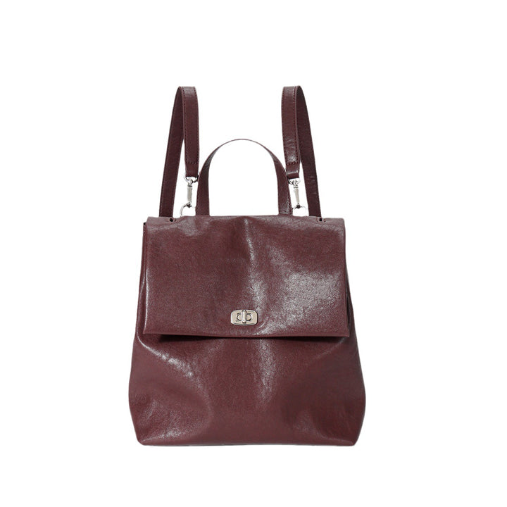 Convertible Leather Flap Backpack Handbag with Top Handle and Turn-Lock Closure