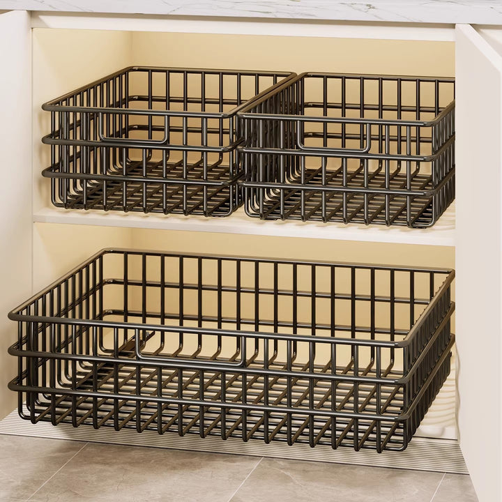 Stackable Metal Grid Pantry Storage Basket with Open Ventilated Frame and Integrated Carry Lip
