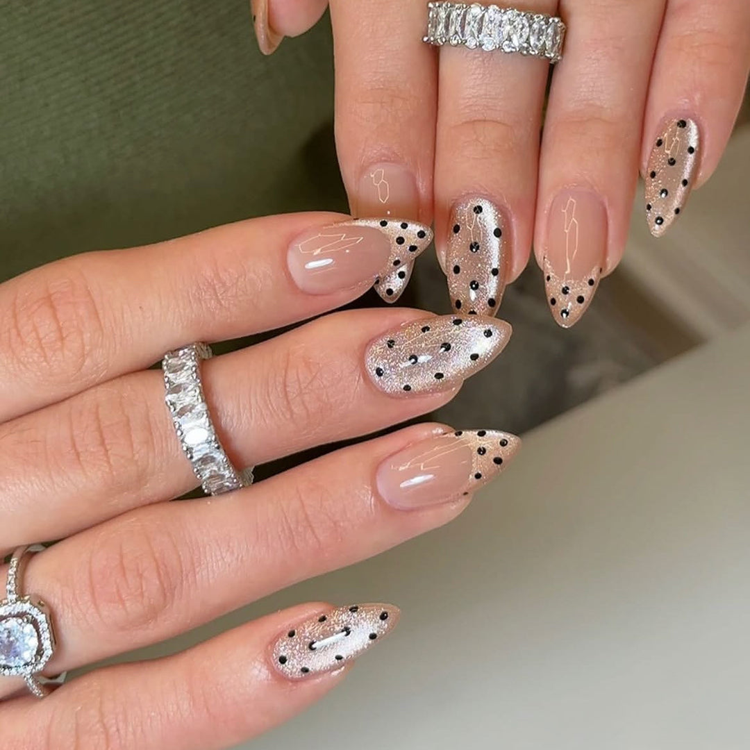 Creative Press-On Nail Set with Glitter and Dot Design