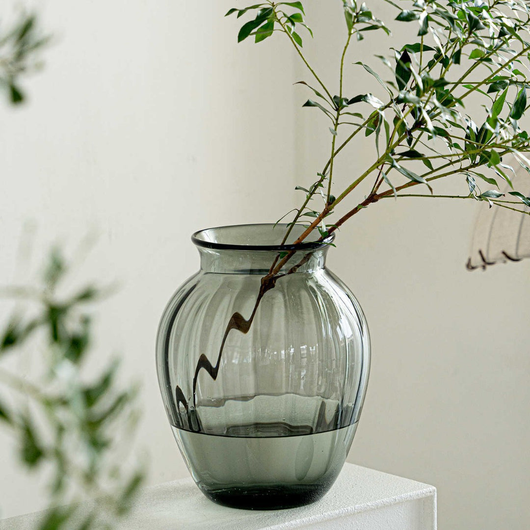 Handblown Ribbed Smoky Glass Bulb Vase with Narrow Neck Kalsten