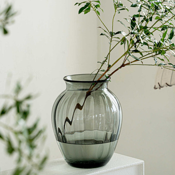 Handblown Ribbed Smoky Glass Bulb Vase with Narrow Neck Kalsten