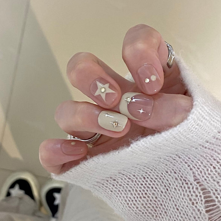 Artistic Press-On Nail Set with Unique Star and Gemstone Designs Kalsten