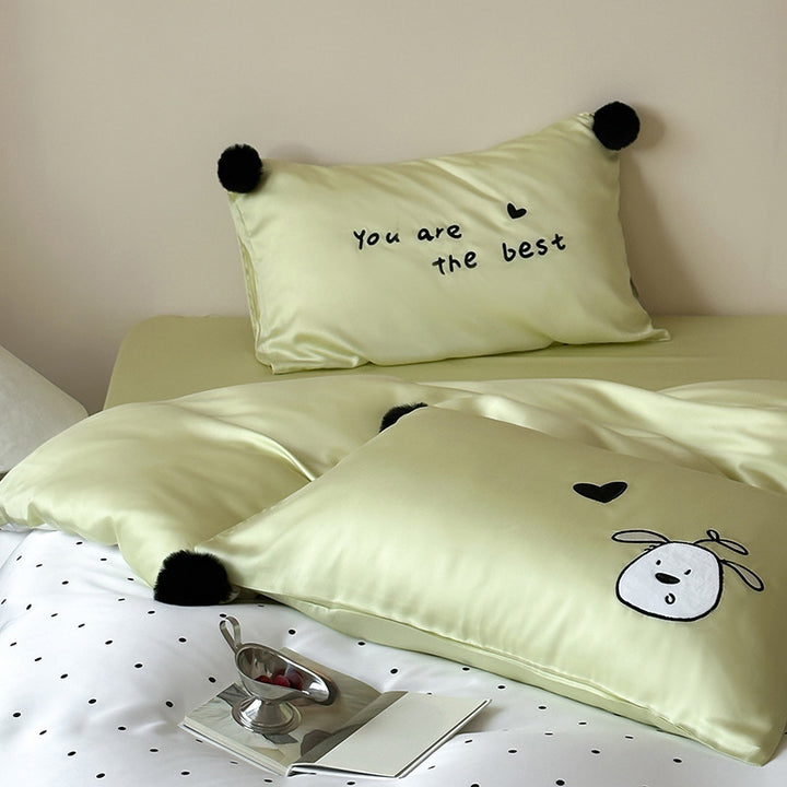Cotton satin bedding set with heart allover, cute cat embroidery and pompom pillow