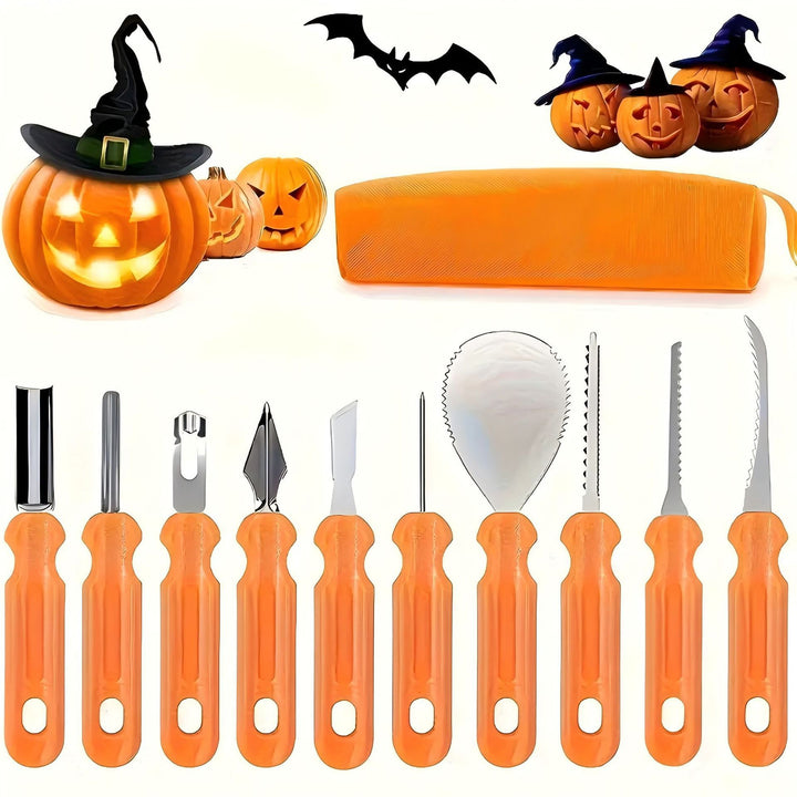 Multi-part pumpkin carving tool set made of stainless steel with storage bag