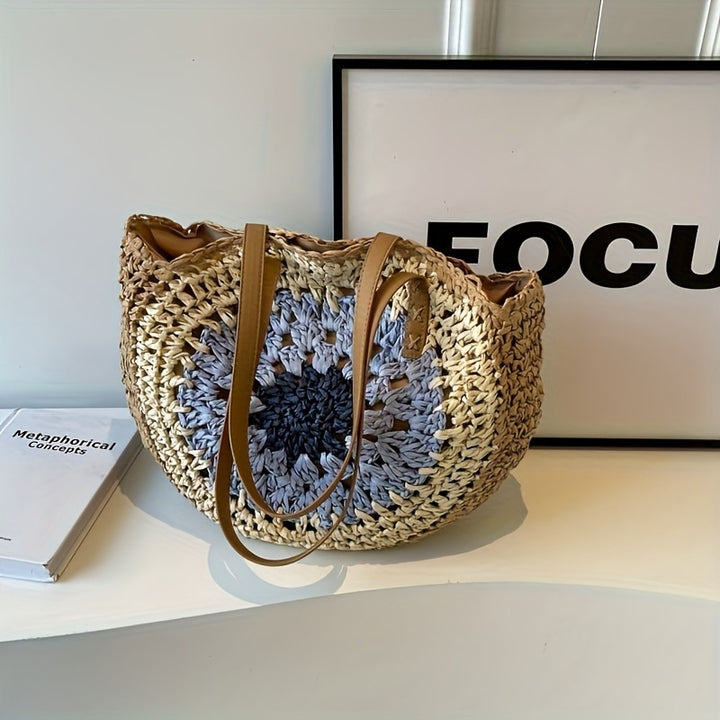 Macrame Beach Bag with Brown Leather Handles Kalsten