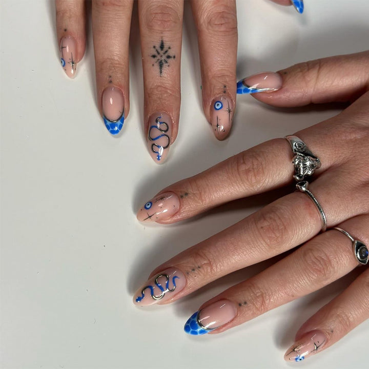 Artistic Stiletto Press-On Nails with Decorative Blue Elements Kalsten