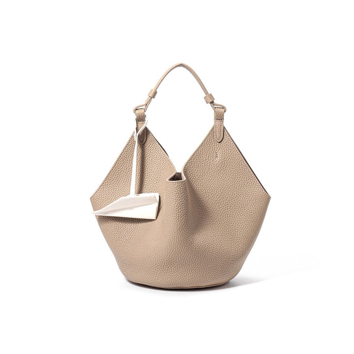 Slouchy Pebbled Leather Hobo Bucket Bag with Top Handle and Geometric Silhouette