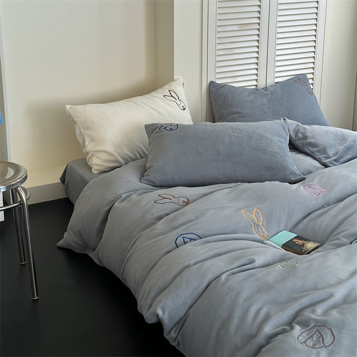 cozy fluffy microfiber bedding set with embroidered rabbit motifs