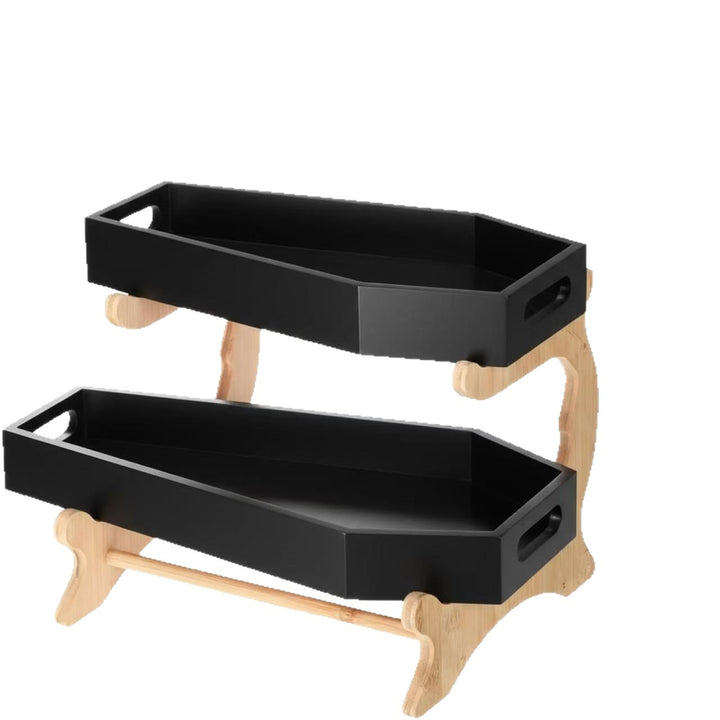 Sarg-shaped two-tier serving tray set with bamboo stand