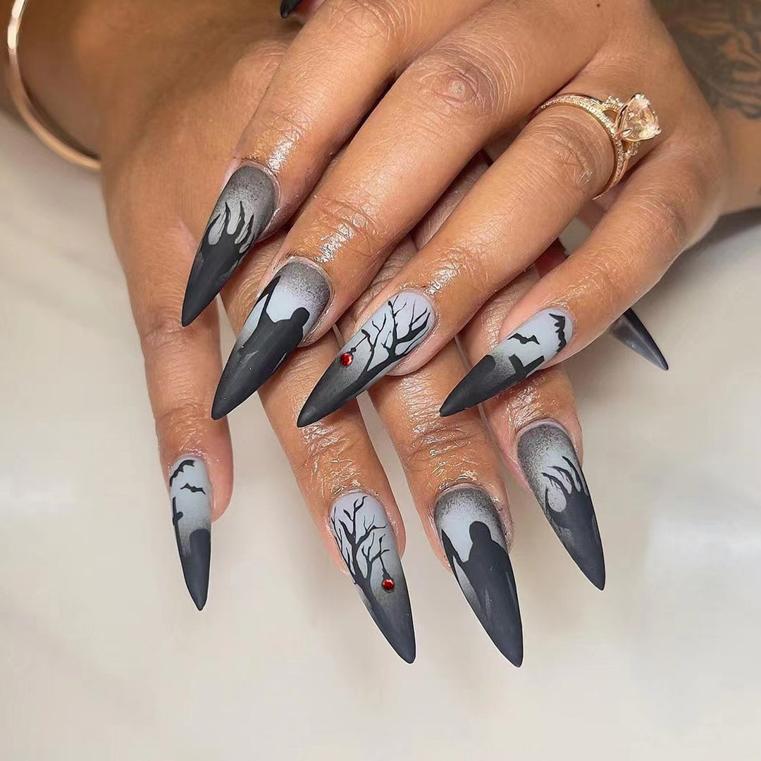 Creative press-on nails with a dark Halloween design Kalsten