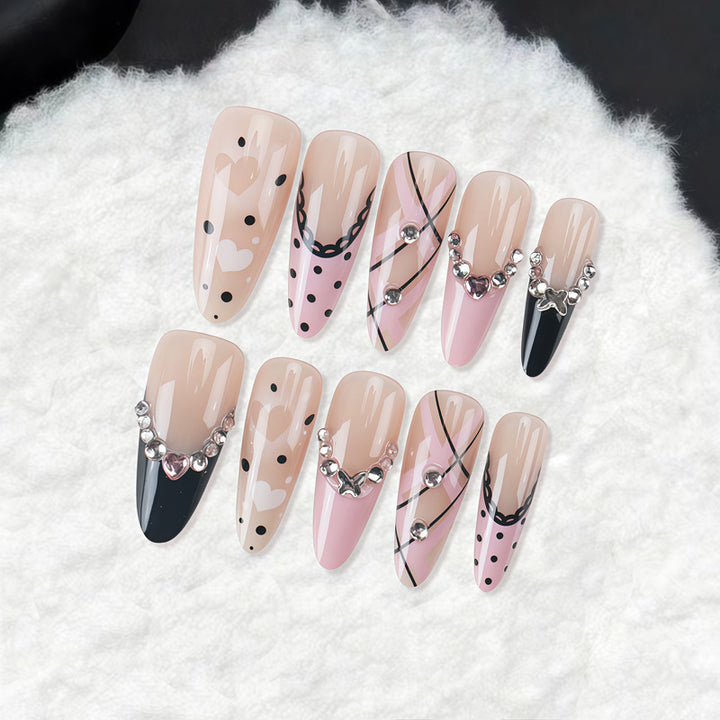 Artistic Press-On Nail Set with Elegant Patterns and Gems Kalsten