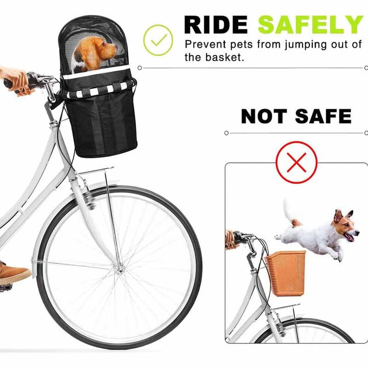 front-mounted pet bike basket with breathable mesh canopy reflective trim and secure strap system Kalsten