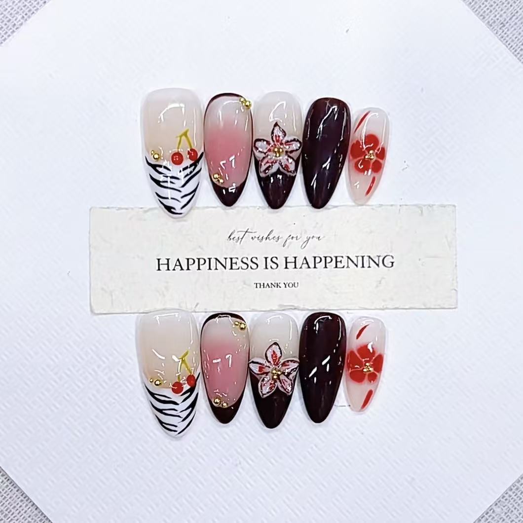 Artistic Press-On Nail Art Set with Cherry Blossom and Floral Designs Kalsten