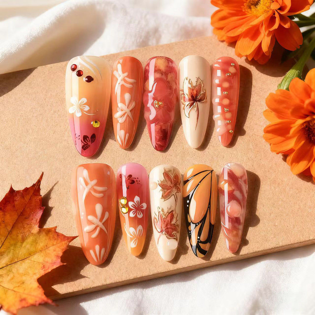 Artistic Autumn-Inspired Press-On Nail Art Set Kalsten