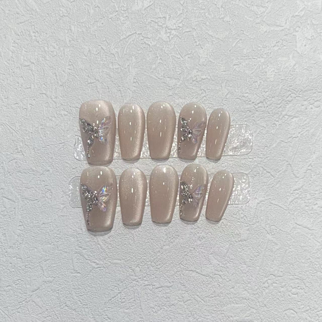 Stylish Press-On Nail Art Set with Elegant Butterfly and Gem Accents Kalsten