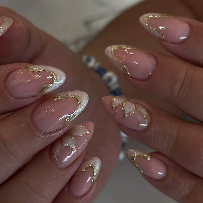 Elegant Glossy French Tip Press-On Nails with Gold Accents