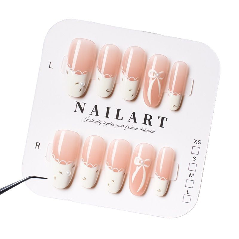 Press-On Nail Art Set with Elegant Bow and French Tip Design Kalsten