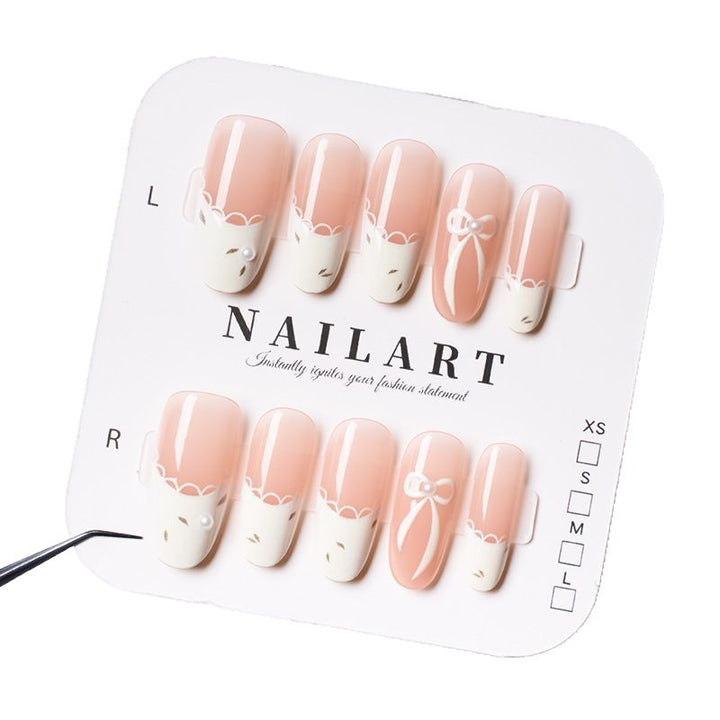 Press-On Nail Art Set with Elegant Bow and French Tip Design Kalsten