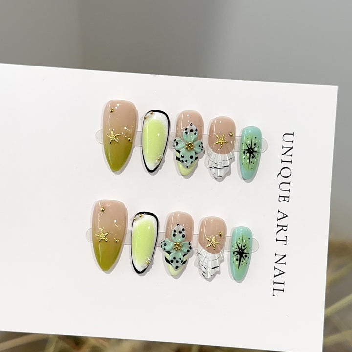 Artistic Press-On Nail Set with Floral and Gemstone Accents