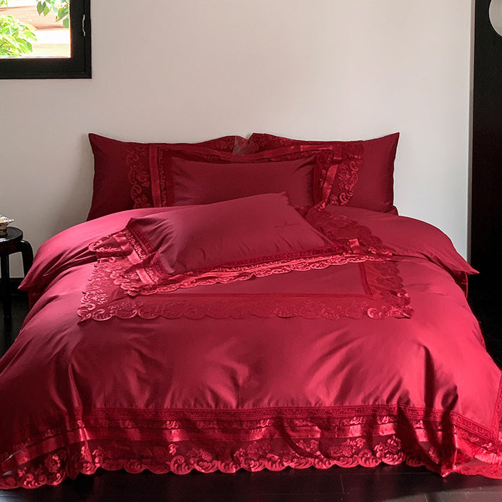 Luxury ruffled bedding set made of cotton satin with fine jacquard texture and concealed closure