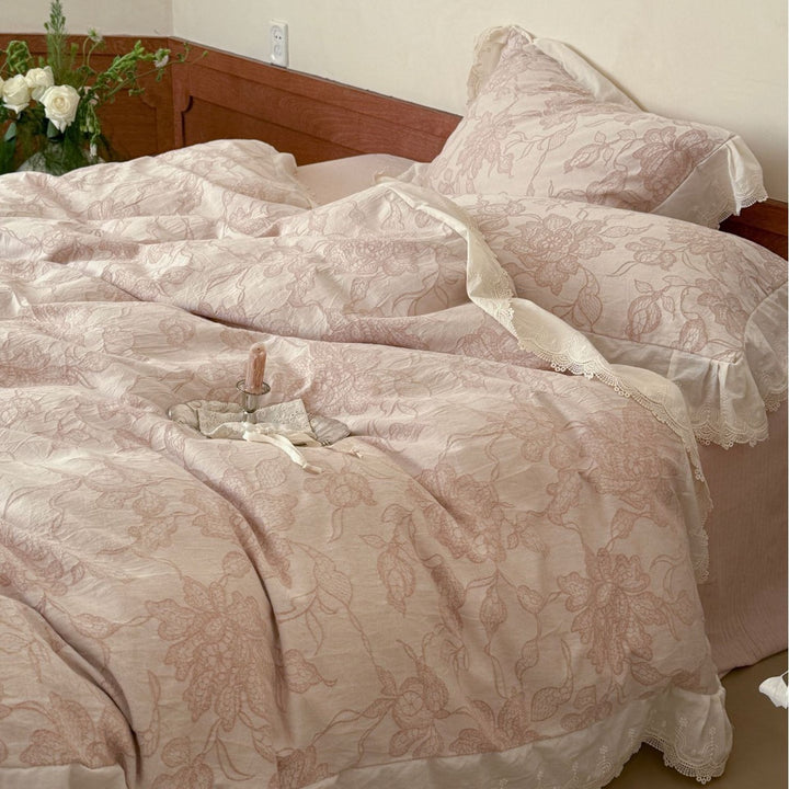 Luxurious jacquard bedding with lace trim and ruffle