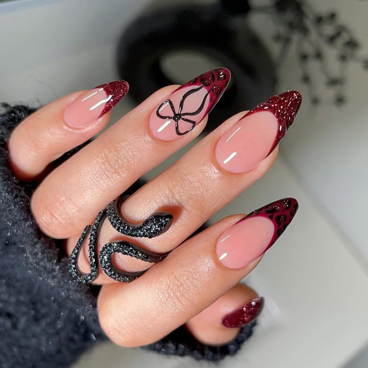 Artistic Stiletto Press-On Nails with Unique Black and Red Design Kalsten