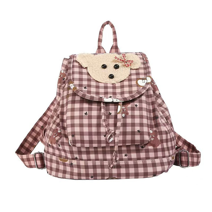 Backpack with Charming Plush Bear Motif and Playful Checkered Pattern Kalsten