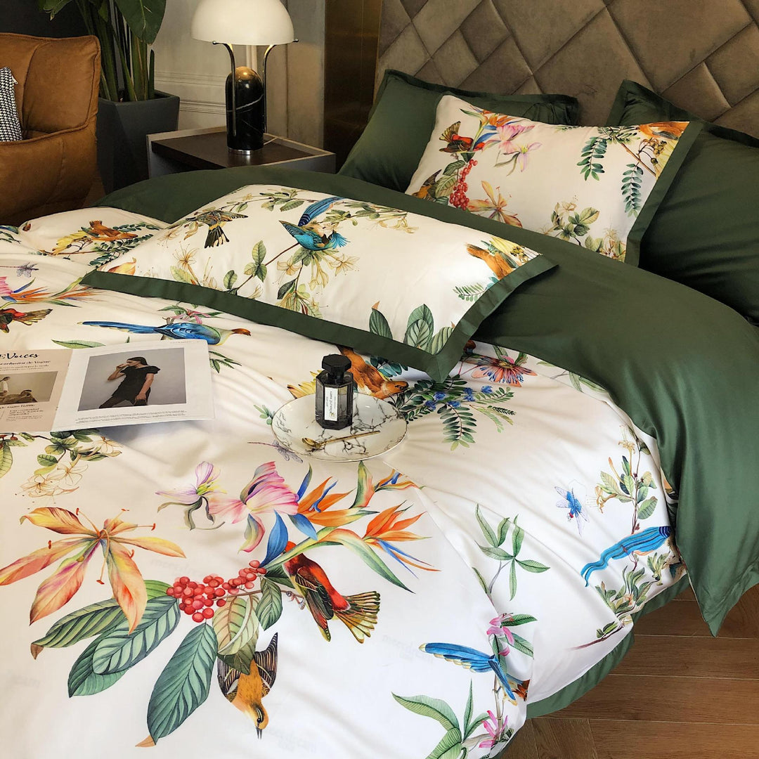 Luxurious cotton satin bedding set with exotic bird and botanical print
