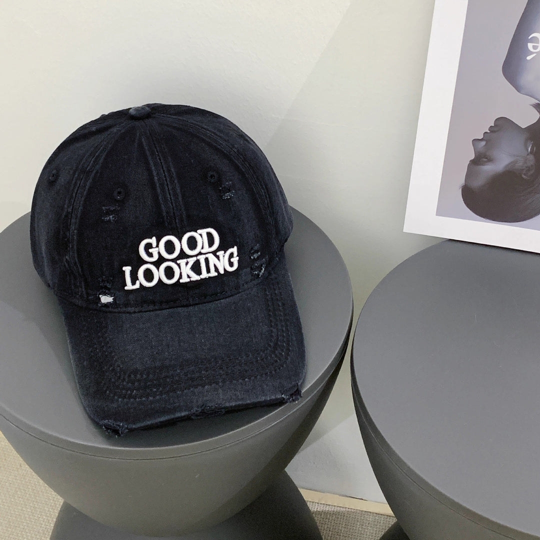 Distressed Denim Baseball Cap with Embroidered Message