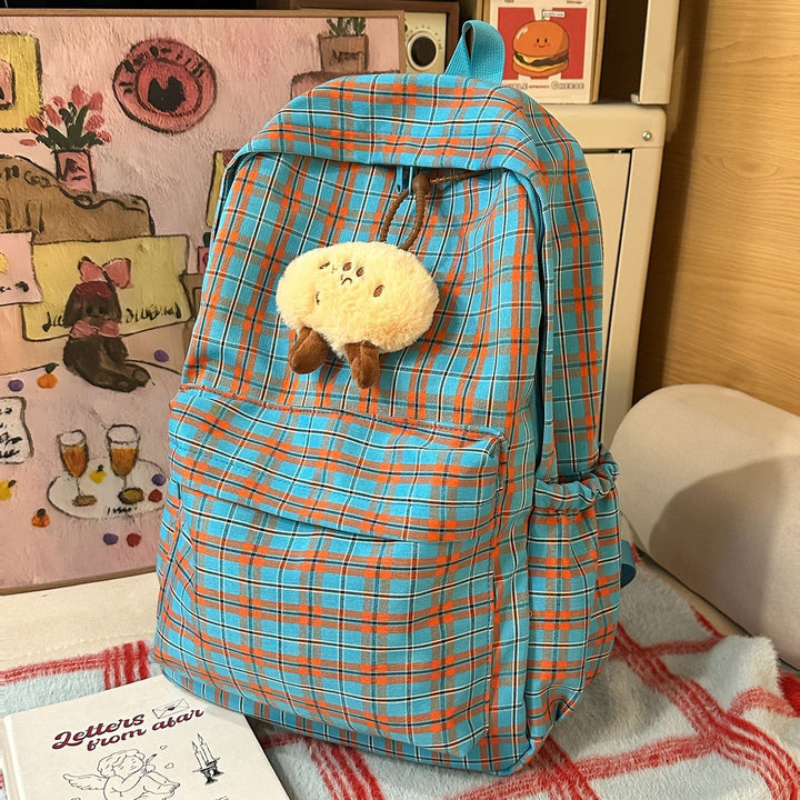 Backpack with Practical Check Pattern and Cute Plush Pendant Kalsten