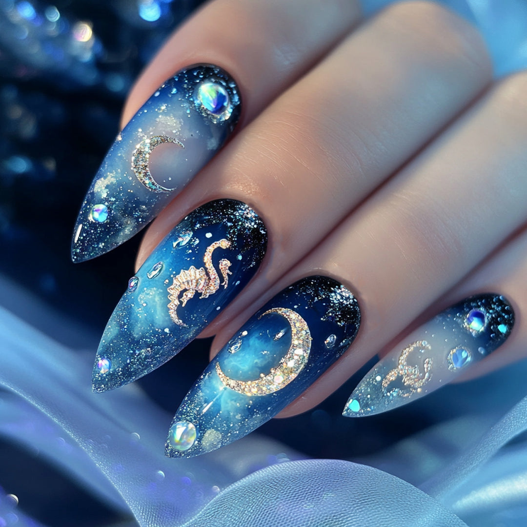 Elegant and creative stiletto artificial nails with glittering star design Kalsten