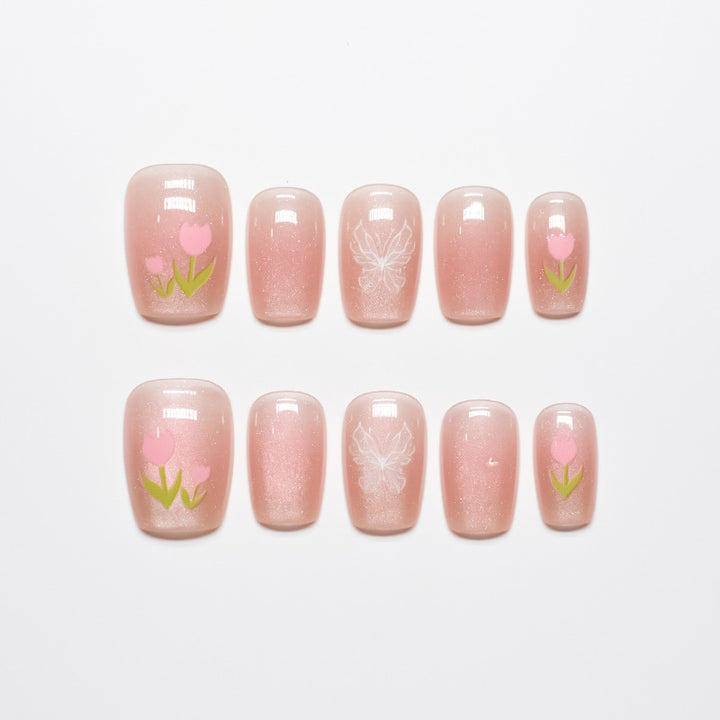 Artistic Press-On Nail Set with Floral Accents Kalsten 1787395327